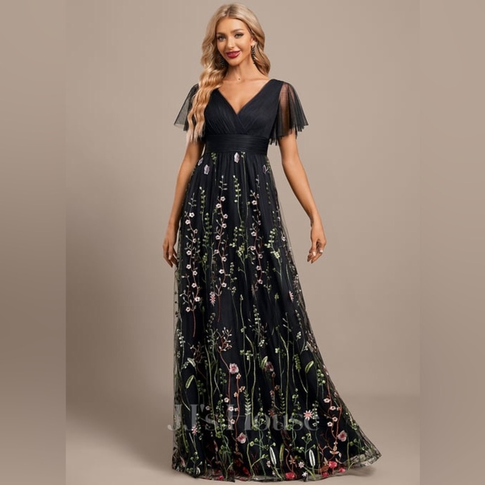 NEW! | JJs House | Black Floral Tulle Floor-Length Dress Sheer Flutter Sleeves